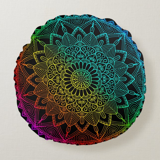 Black Rainbow Mandala Round Cushion (Front)