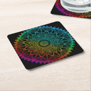 Black Rainbow Mandala Square Paper Coaster