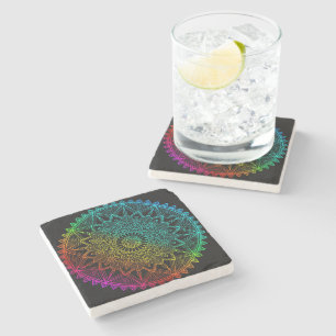 Black Rainbow Mandala Stone Coaster
