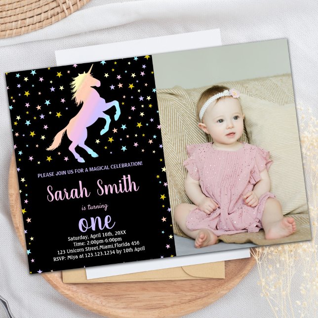Black Rainbow Unicorn Birthday Invitations w photo (Black Rainbow Unicorn Birthday Invitations w photo)