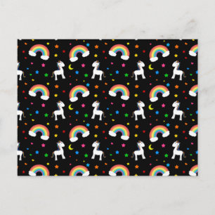 Black rainbow unicorn hearts stars pattern postcard