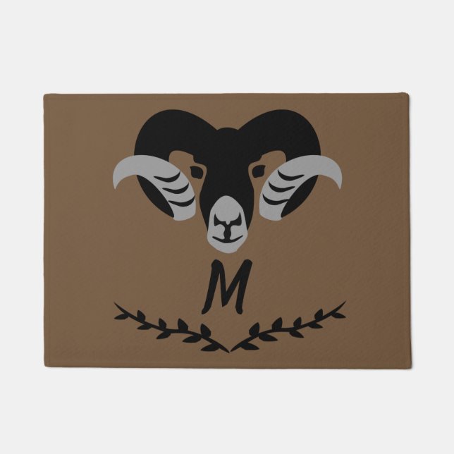Black Ram with Twisted Horns Silhouette Monogram Doormat (Front)