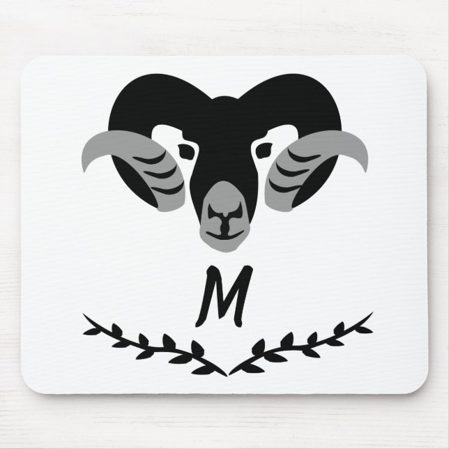 Black Ram with Twisted Horns Silhouette Monogram Mouse Pad (Front)
