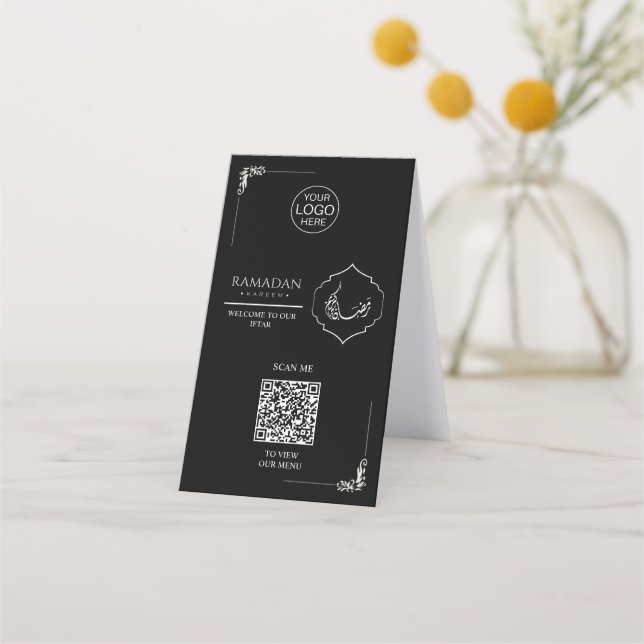 Black Ramadan QR Code Table Tent | Iftar Menu Sign (Front)