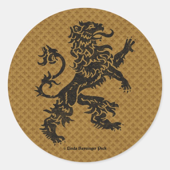 Black Rampant Lion and Fleur de Lis Classic Round Sticker (Front)