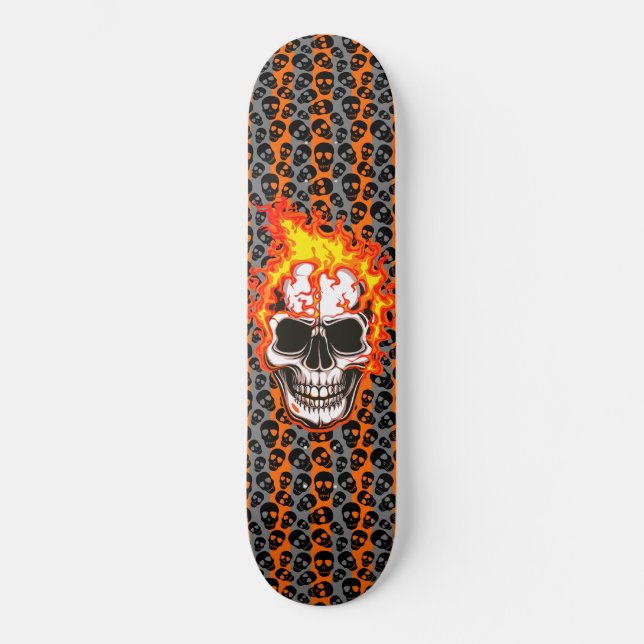 Black Random Skulls Orange Stripes Flaming Skull Skateboard (Front)