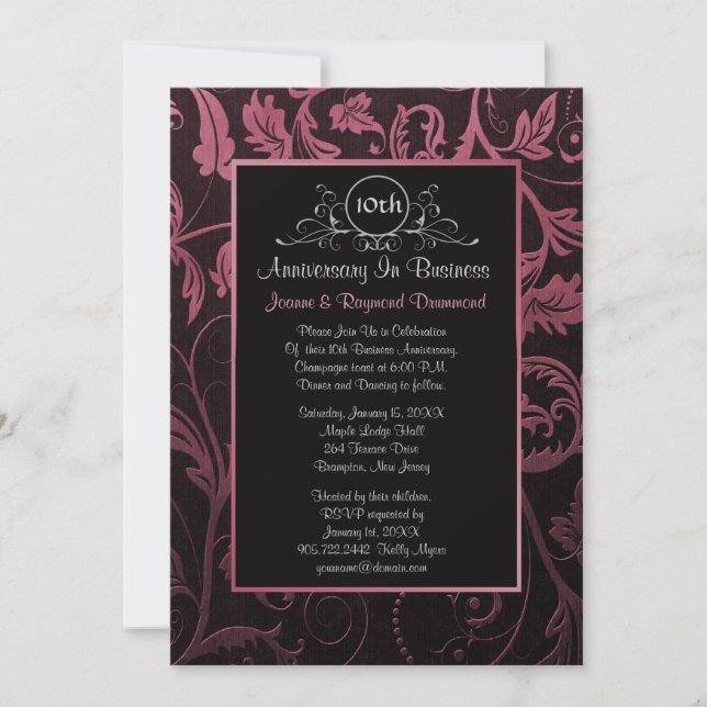 Black - Raspberry Damask 10th Business Anniversary Invitation (Front)