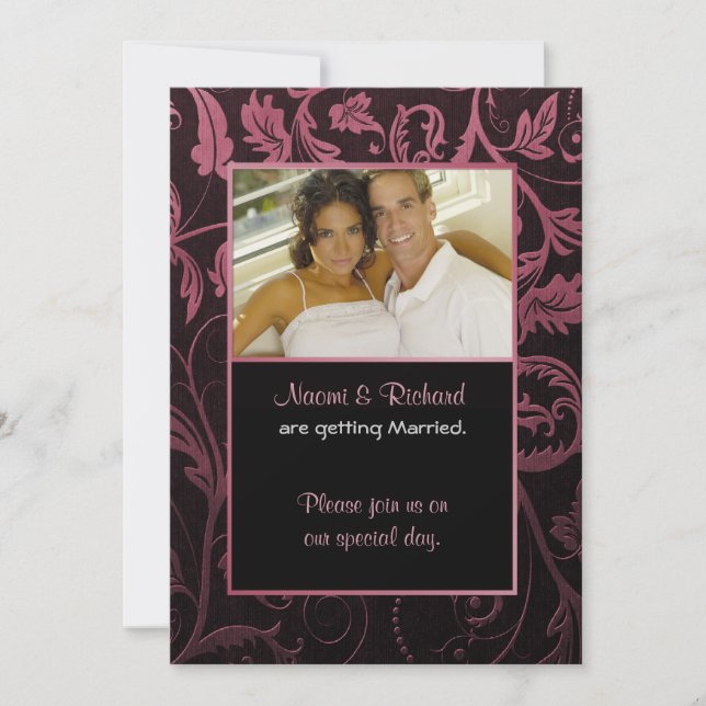 Black & Raspberry Damask Photo Invitation (Front)