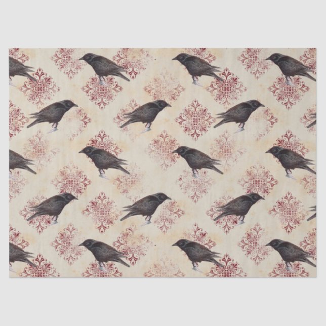 Black Raven and Burgundy Damask Decoupage Tissue Paper (Front)