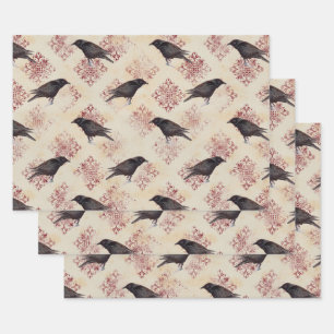 Black Raven and Burgundy Damask Wrapping Paper Sheet