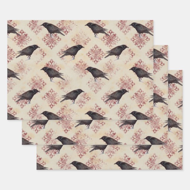 Black Raven and Burgundy Damask Wrapping Paper Sheet (Set)