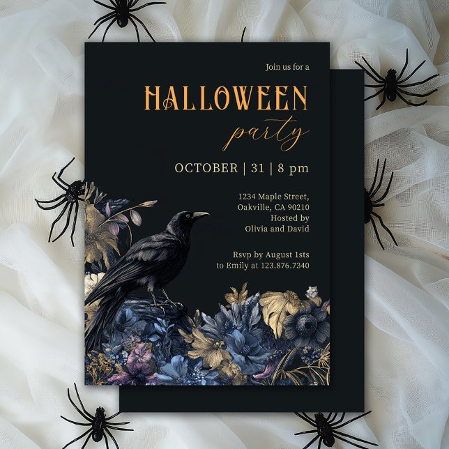 Black Raven and Dark Floral Halloween Party  Invitation (Creator Uploaded)