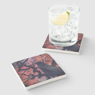 Black Raven and Gnarly Japanese Maple Stone Coaster