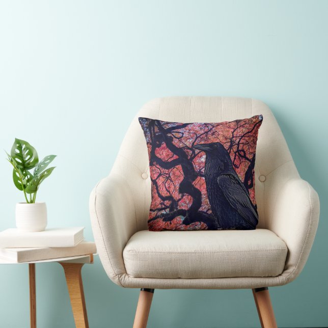 Black Raven and Gnarly Japanese Maple Tree Cushion (Chair)