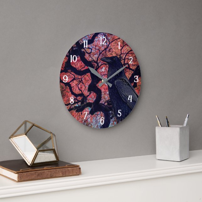Black Raven and Gnarly Japanese Maple Tree Large Clock (Office)