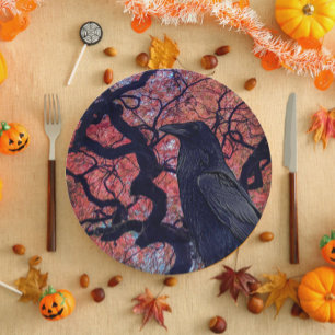 Black Raven and Gnarly Japanese Maple Tree Paper Plate