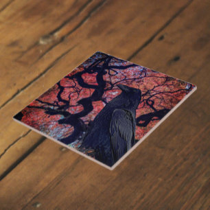 Black Raven and Gnarly Japanese Maple Tree Tile