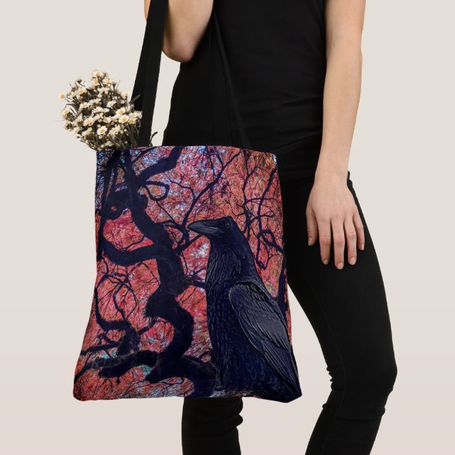 Black Raven and Gnarly Japanese Maple Tree Tote Bag (Close Up)