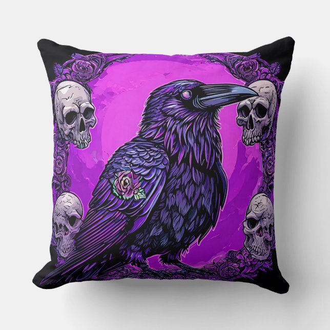 Black Raven and Skulls Cushion (Front)