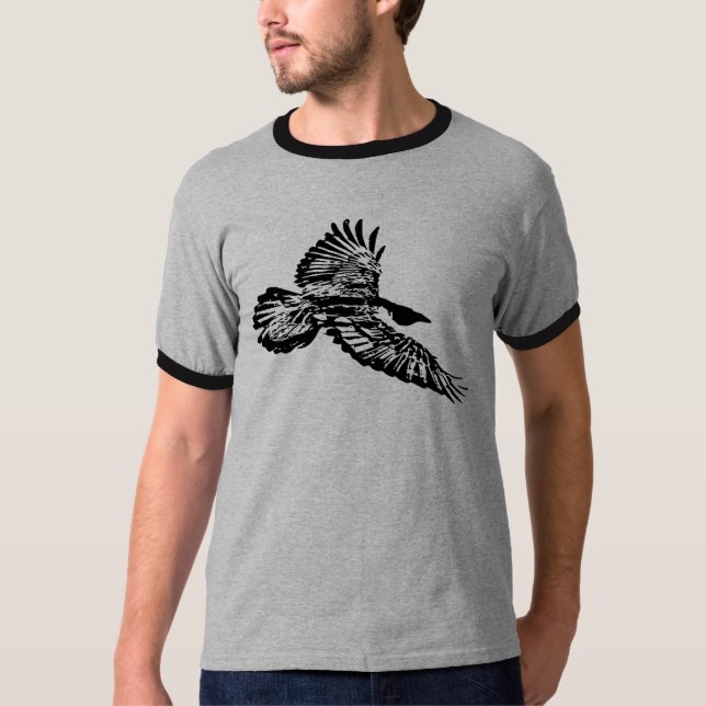 Black Raven Bird Soaring in Flight T-Shirt (Front)