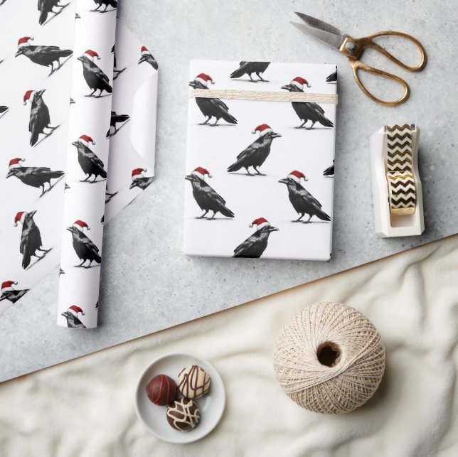 Black raven crow with red santa hat pattern wrapping paper (Crafts)