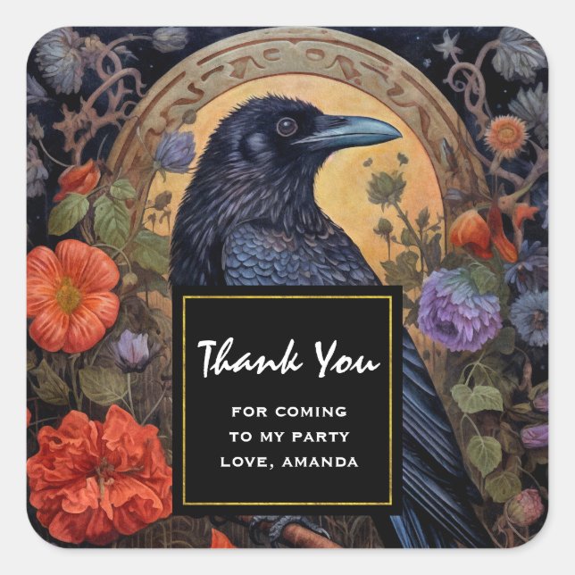 Black Raven Dark Gothic Party Thank You Square Sticker (Front)