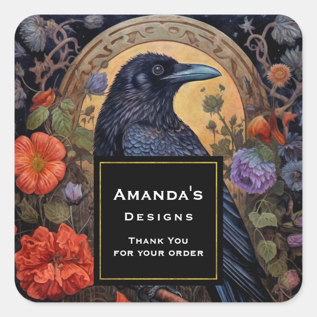 Black Raven Dark Gothic Thank You  Business Square Sticker (Front)