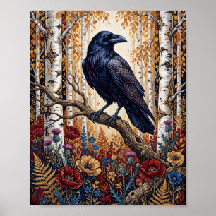 Black Raven in Silver Birch Forest Print