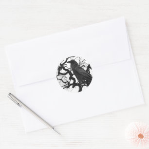 Black Raven in Tree Black and White Photo Classic Round Sticker