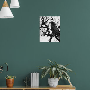 Black Raven in Tree Black and White Photo Poster