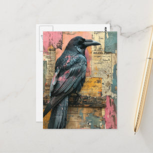 Black Raven Mixed Media Collage Postcard