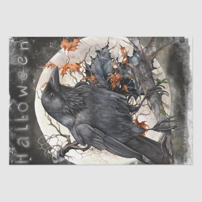 Black Raven Moon Dead Floral Halloween Tissue Paper (Front)