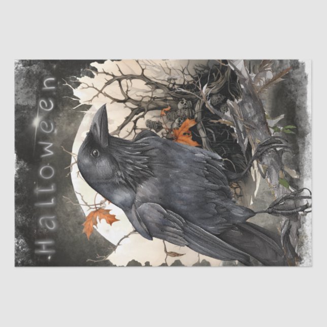 Black Raven Moon Dead Floral Halloween Tissue Paper (Front)