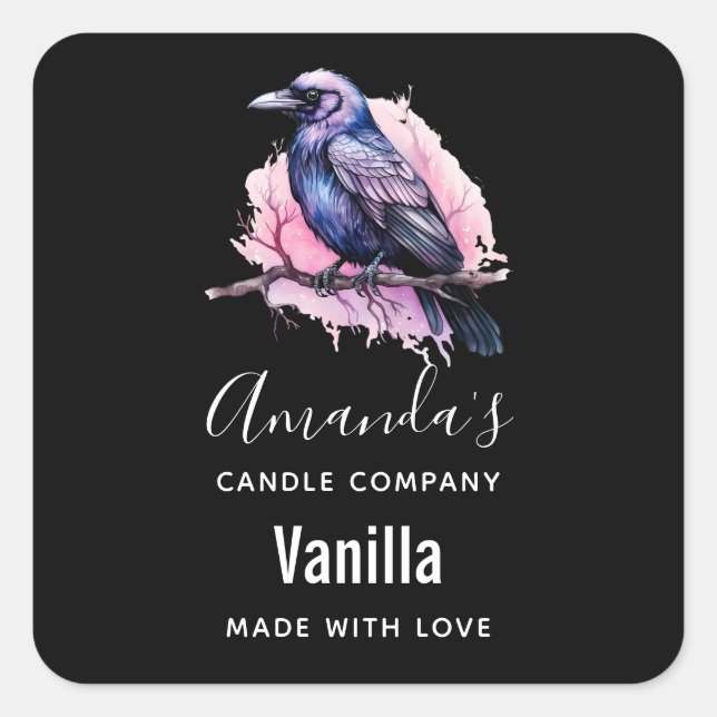 Black Raven on a Branch Candle Business Square Sticker (Front)