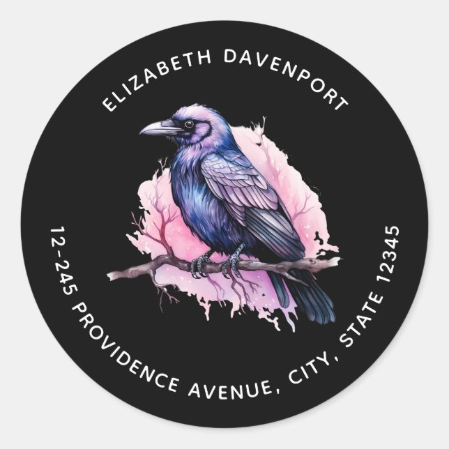 Black Raven on a Branch Illustration Address Classic Round Sticker (Front)