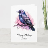 Black Raven on a Branch Illustration Birthday