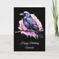 Black Raven on a Branch Illustration Birthday