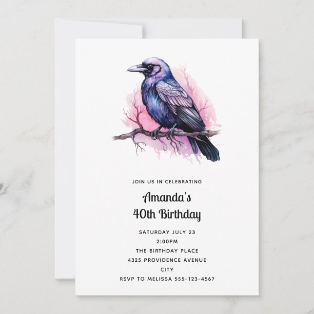 Black Raven on a Branch Illustration Birthday Invitation (Front)