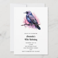 Black Raven on a Branch Illustration Birthday