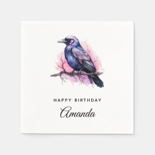 Black Raven on a Branch Illustration Birthday Napkin