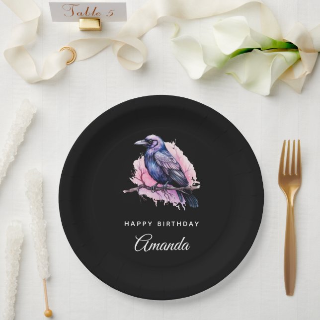 Black Raven on a Branch Illustration Birthday Paper Plate (Wedding)