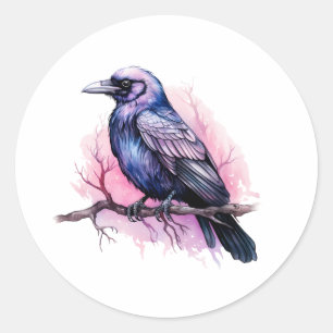 Black Raven on a Branch Illustration Classic Round Sticker