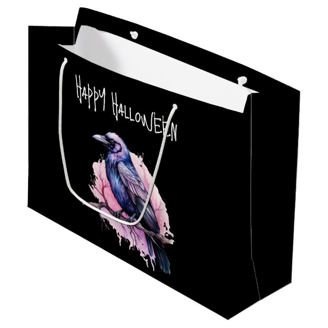 Black Raven on a Branch Illustration Halloween Large Gift Bag (Front Angled)