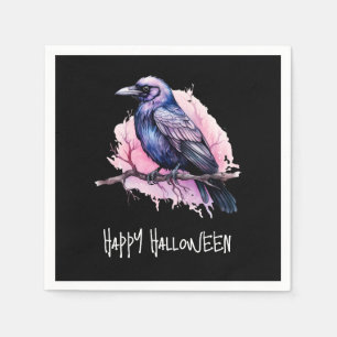 Black Raven on a Branch Illustration Halloween Napkin