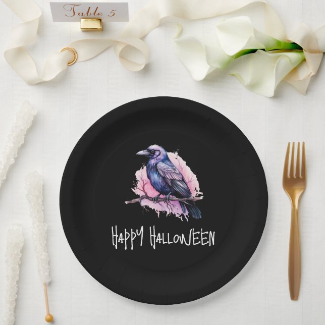 Black Raven on a Branch Illustration Halloween Paper Plate (Wedding)