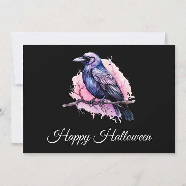 Black Raven on a Branch Illustration Halloween Thank You Card (Front)