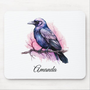 Black Raven on a Branch Illustration Mouse Pad