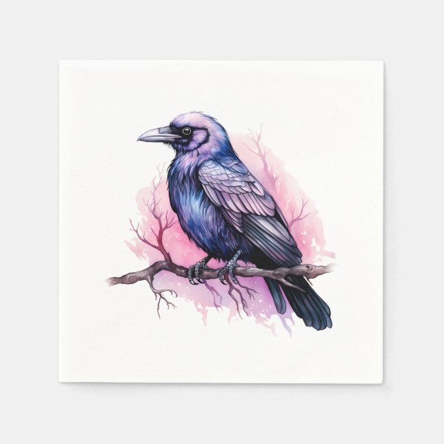 Black Raven on a Branch Illustration Napkin (Front)