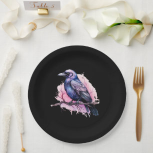 Black Raven on a Branch Illustration Paper Plate