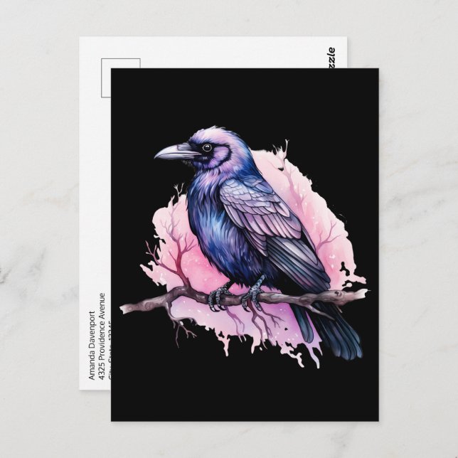 Black Raven on a Branch Illustration Postcard (Front/Back)